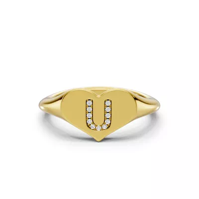 Heart Pavé Diamond Initial Signet Ring - U