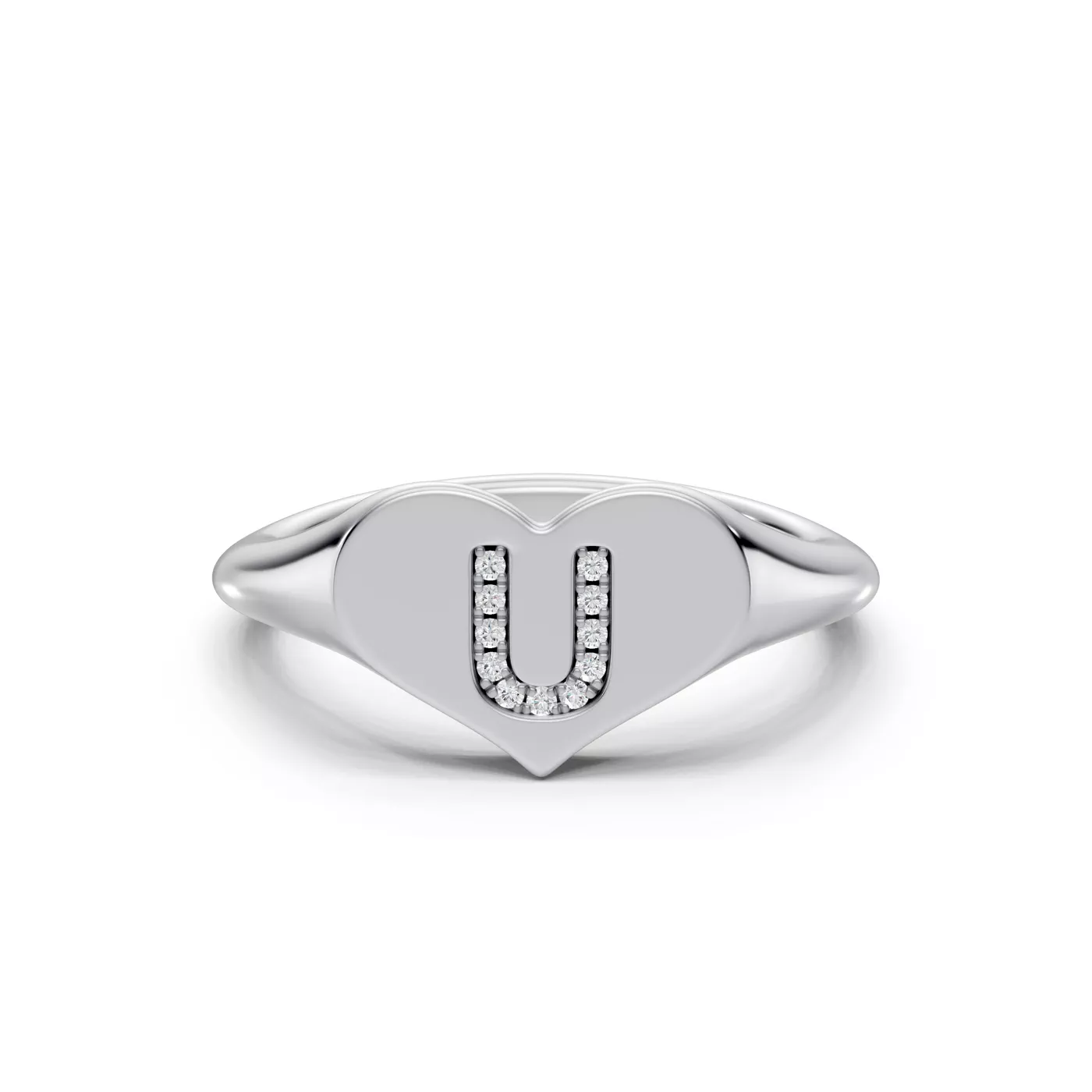 Heart Pavé Lab Diamond Initial Signet Ring - U - Platinum