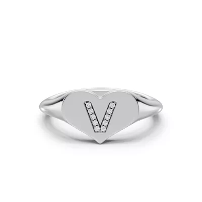 Heart Pavé Diamond Initial Signet Silver Ring - V