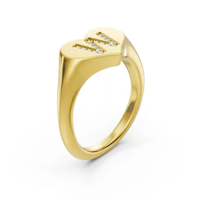 Heart Pavé Diamond Initial Signet Ring - W