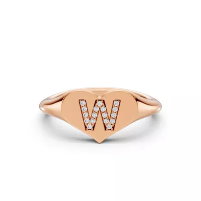 Heart Pavé Diamond Initial Signet Ring - W