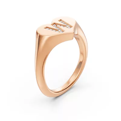 Heart Pavé Diamond Initial Signet Ring - W