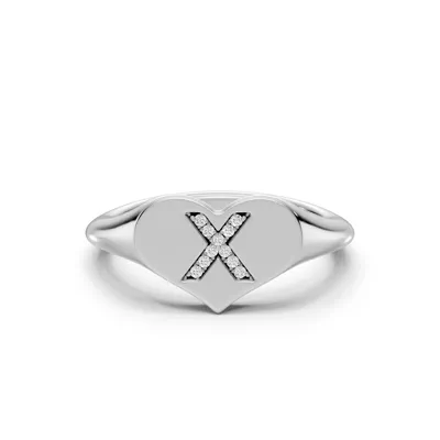 Heart Pavé Diamond Initial Signet Silver Ring - X