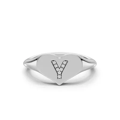 Heart Pavé Lab Diamond Initial Signet Silver Ring - Y