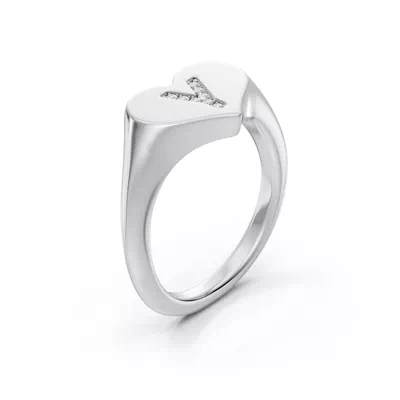 Heart Pavé Lab Diamond Initial Signet Silver Ring - Y