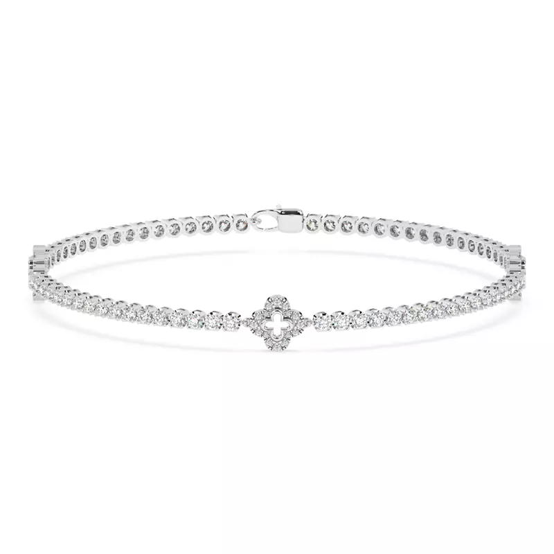 14K White Gold Lab Diamond Tennis Bracelet With Pavé Clover Stations