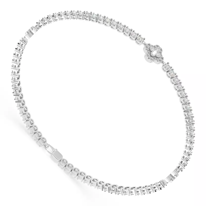 14K White Gold Lab Diamond Tennis Bracelet With Pavé Clover Stations