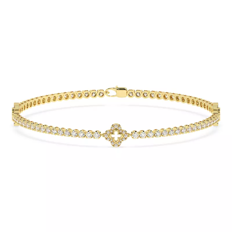 14K Yellow Gold Lab Diamond Tennis Bracelet With Pavé Clover Stations