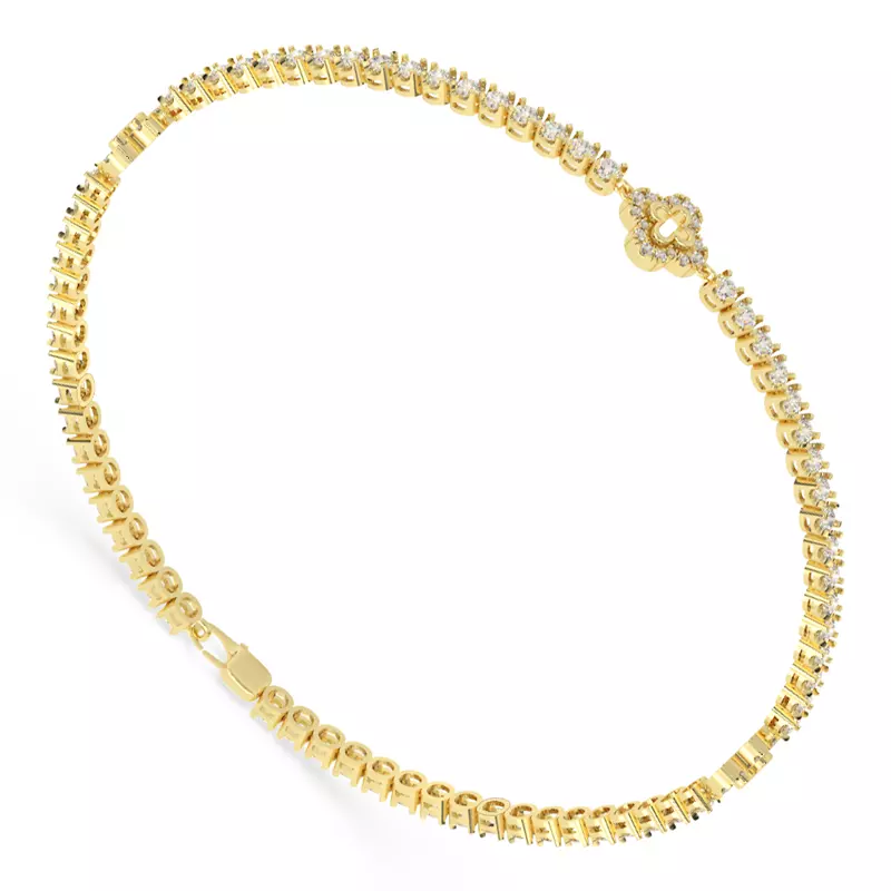 14K Yellow Gold Lab Diamond Tennis Bracelet With Pavé Clover Stations