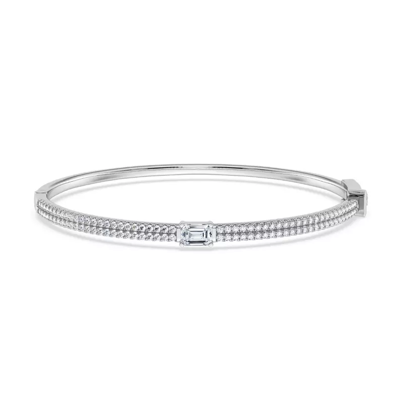 14K White Gold Double Row Emerald Diamond Bangle