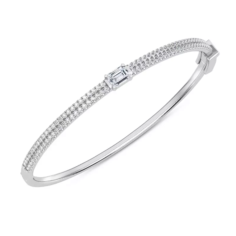 14K White Gold Double Row Emerald Diamond Bangle
