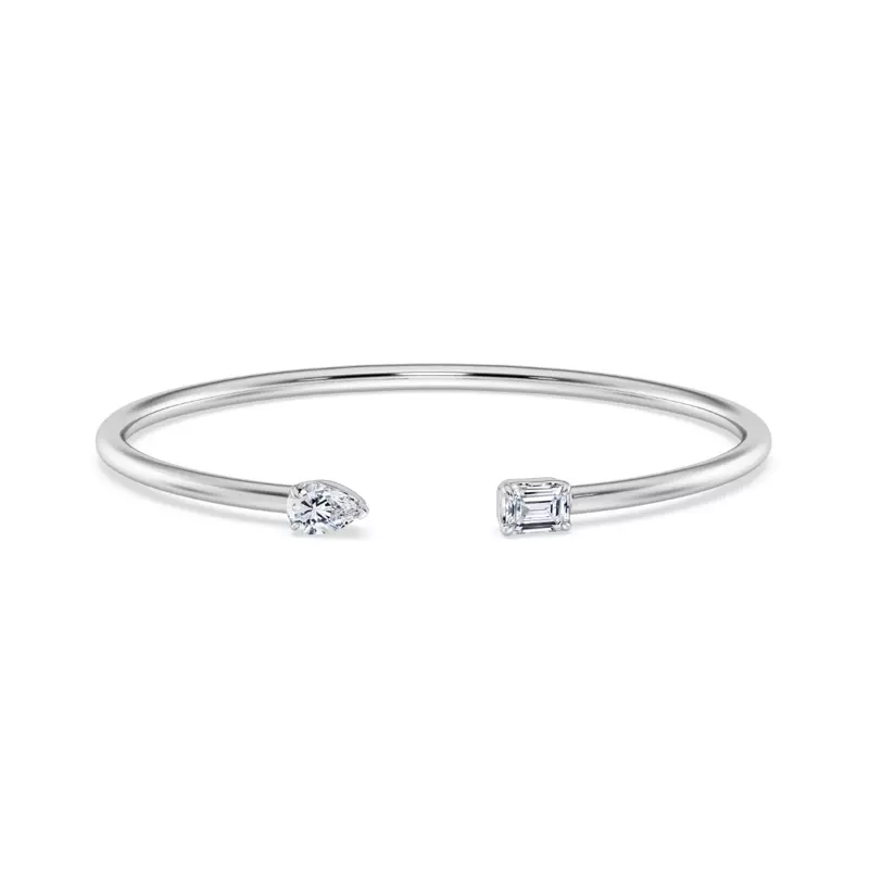14K White Gold Mixed Shape Diamond Open Cuff Bangle