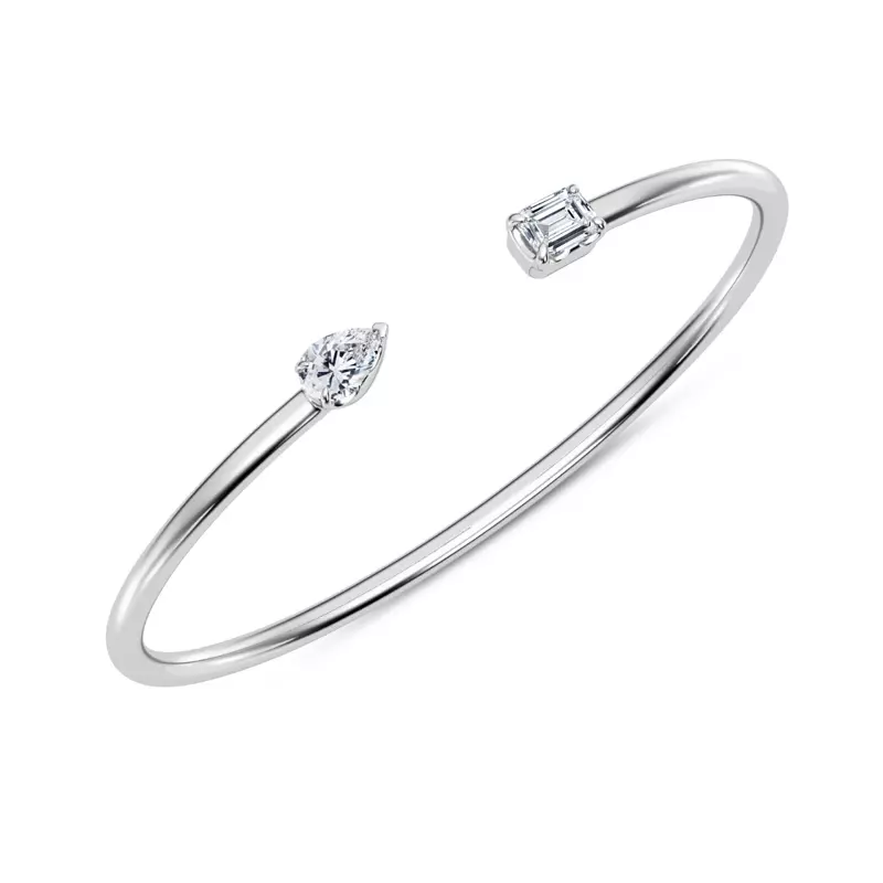 14K White Gold Mixed Shape Diamond Open Cuff Bangle