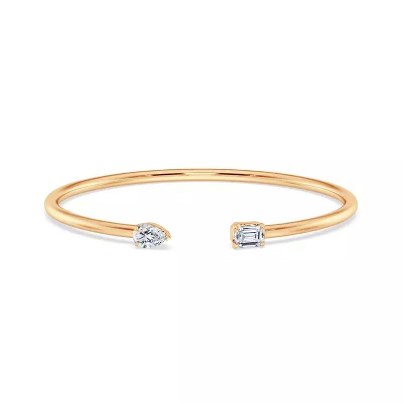14K Yellow Gold Mixed Shape Diamond Open Cuff Bangle