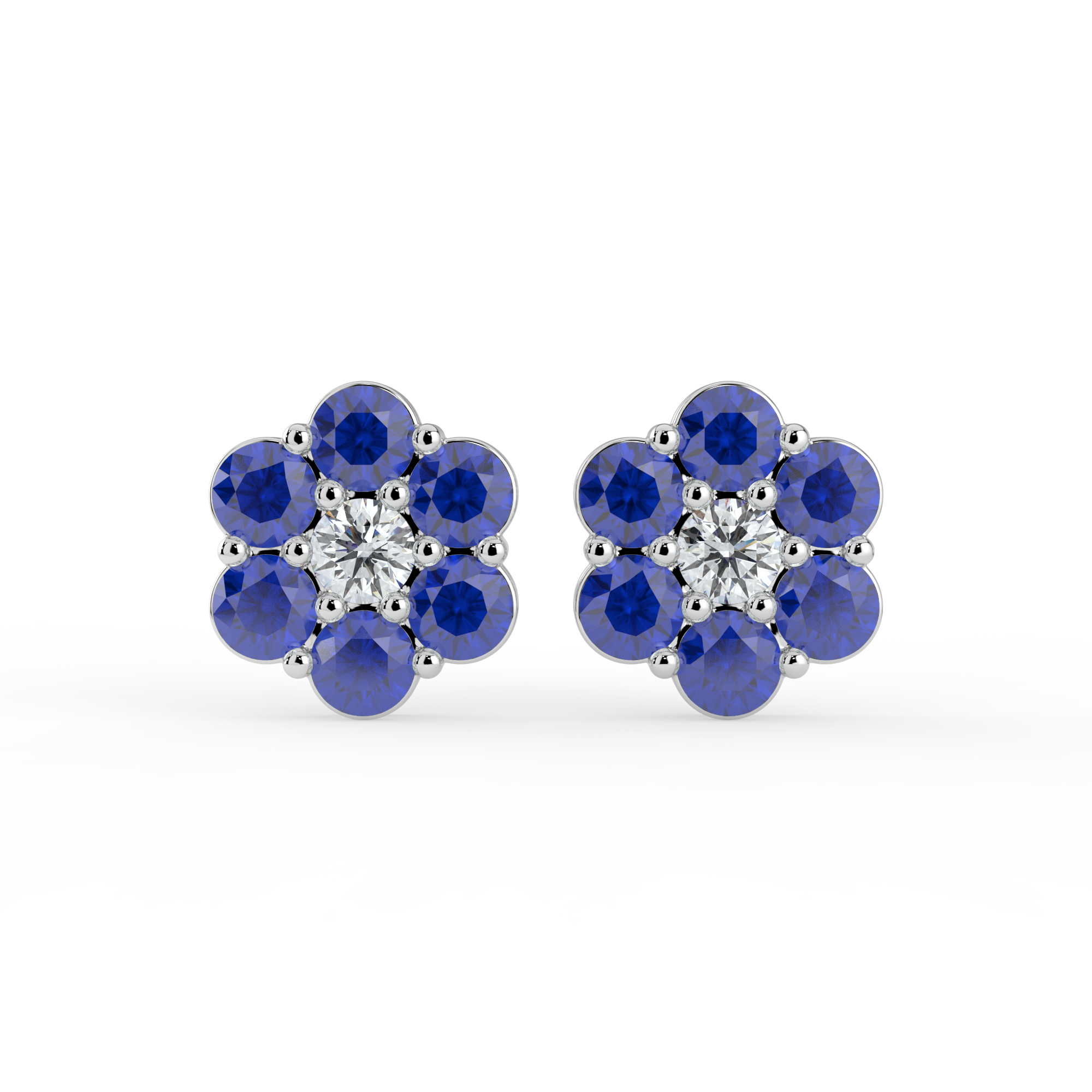 Sapphire & Lab Diamond Flower Stud Earrings