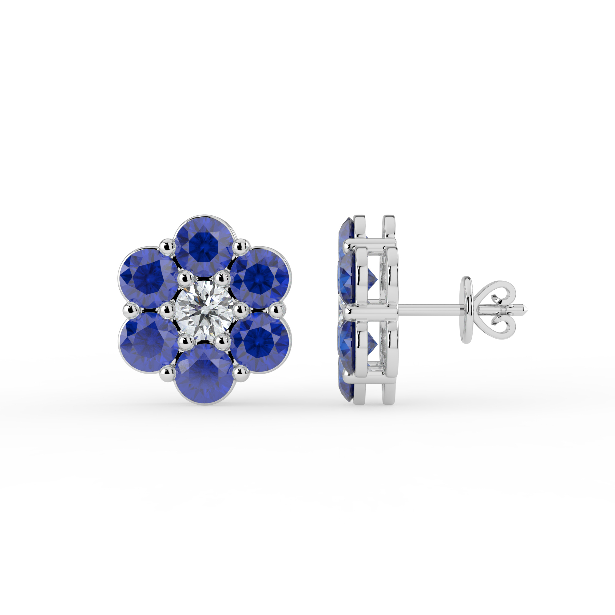 Sapphire & Lab Diamond Flower Stud Earrings