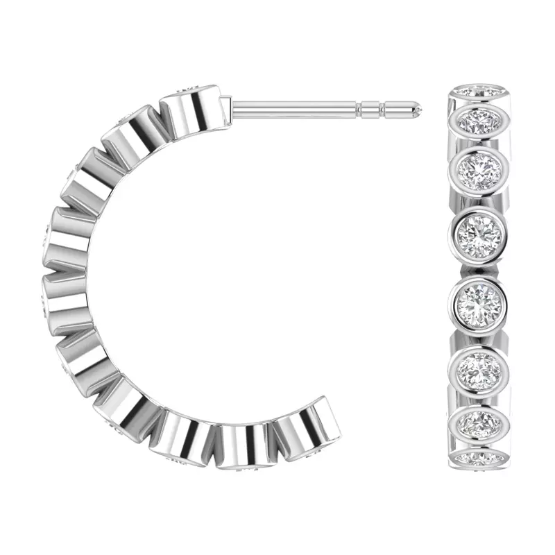 14K White Gold Round Bezel Lab Diamond Crescent Hoop Earrings
