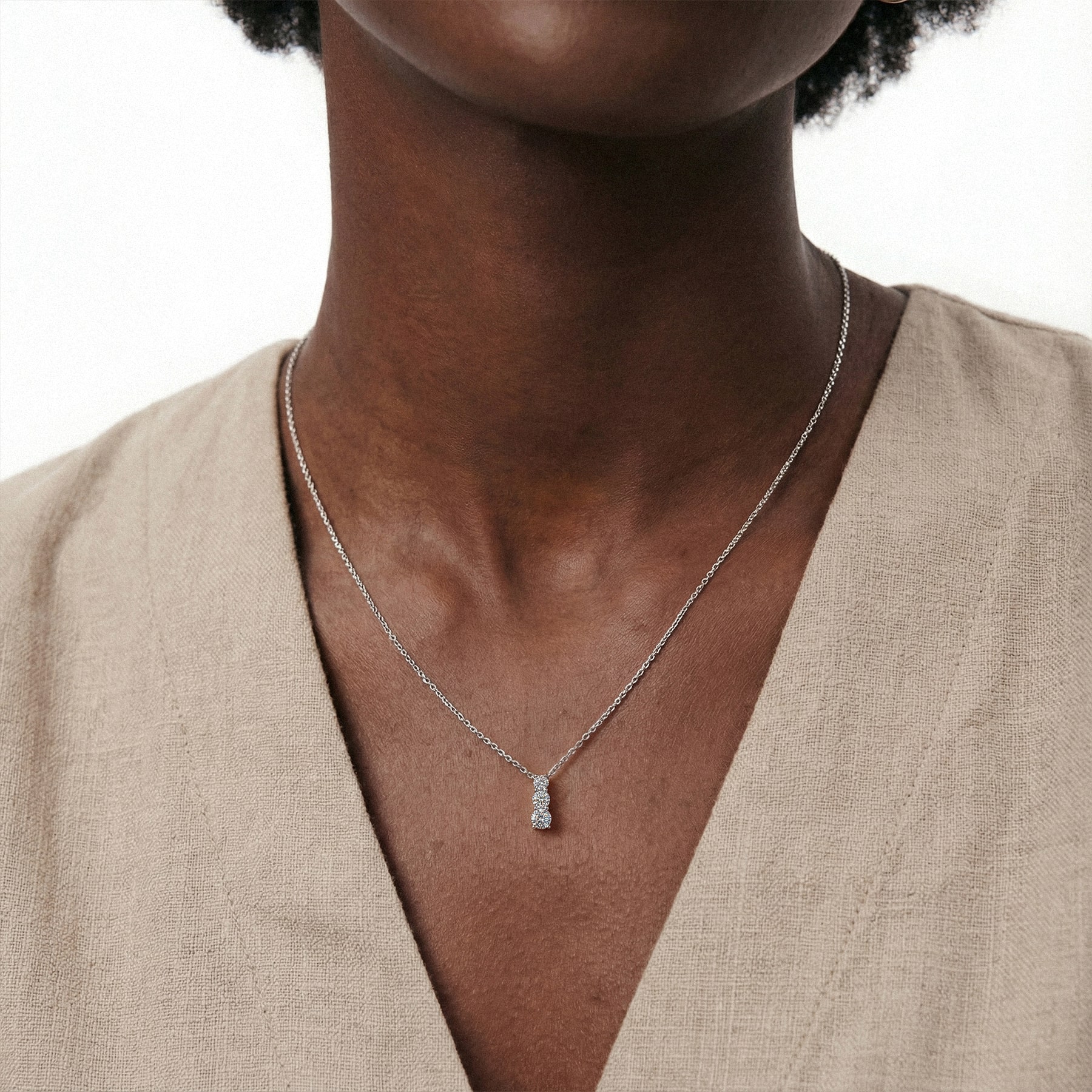 Three Stone Lab Diamond Drop Necklace - 14K White Gold