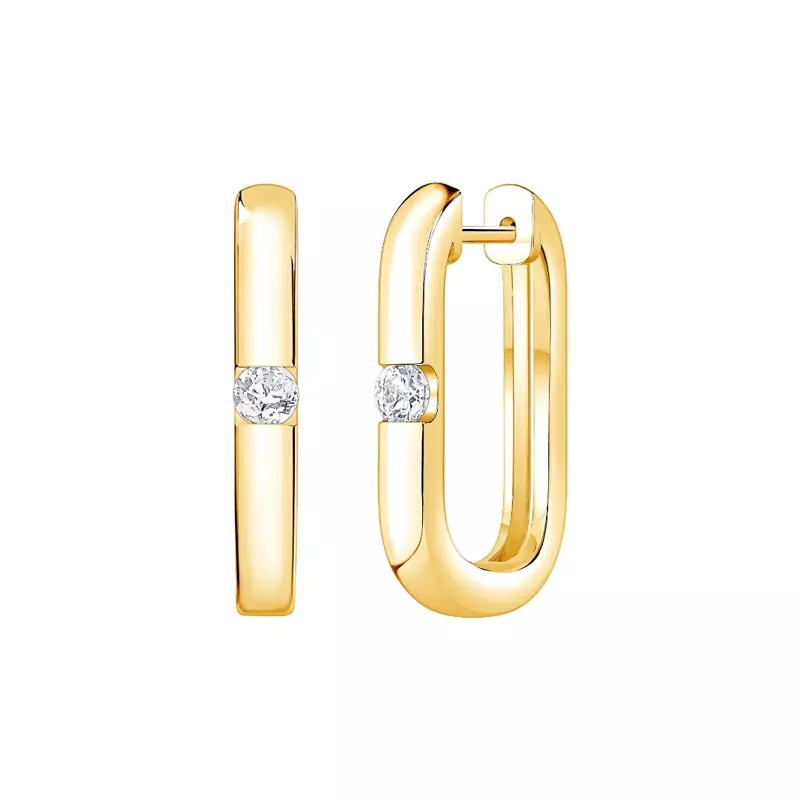 14K Yellow Gold Elongated Hoop With Solitaire Lab Diamond