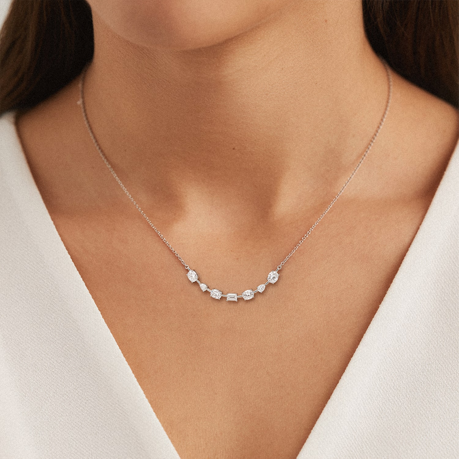 Multi-Shape Lab Diamond Smile Necklace - 14K White Gold