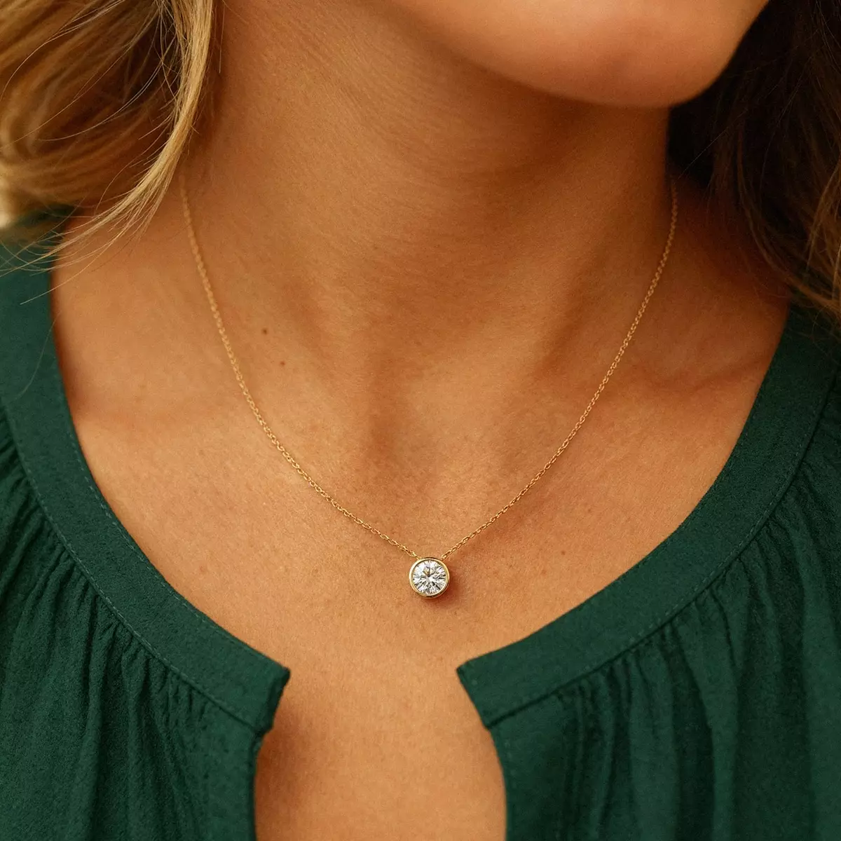 Modern Bezel Round Lab Diamond Necklace (2 ct. tw.) - 14K Yellow Gold