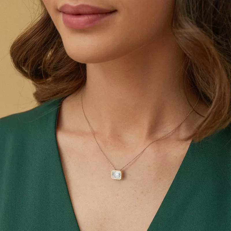 14K Rose Gold Modern Bezel Emerald Lab Diamond Necklace (1 1/2 ct. tw.)