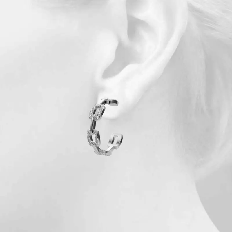 14K White Gold Chain Link Pavé Hoop Earrings With Lab Diamonds