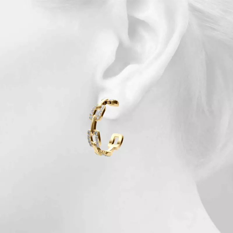 14K Yellow Gold Chain Link Pavé Hoop Earrings With Lab Diamonds