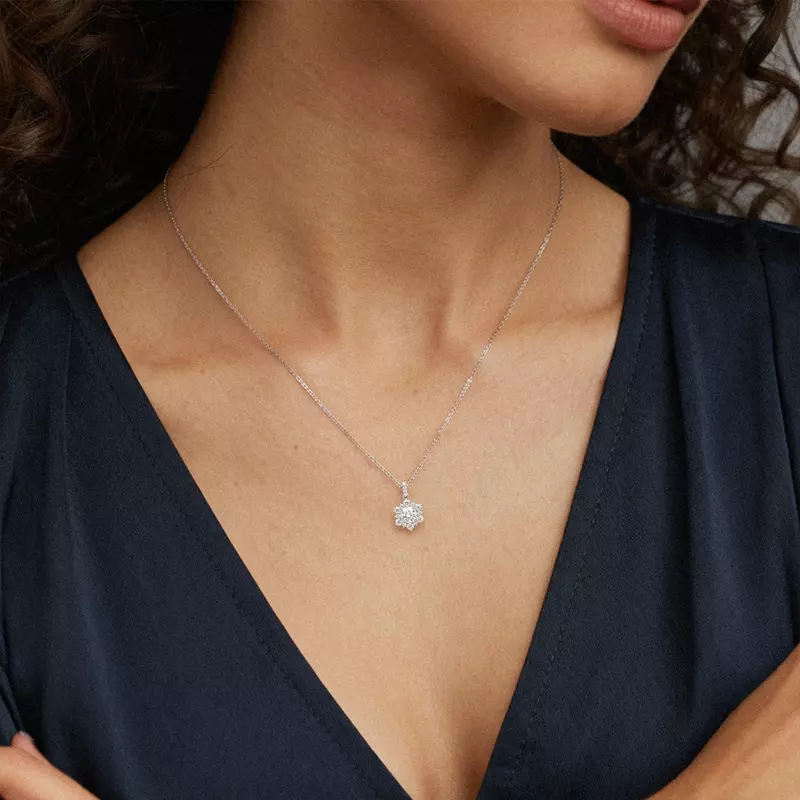 14K White Gold Starburst Lab Diamond Halo Necklace