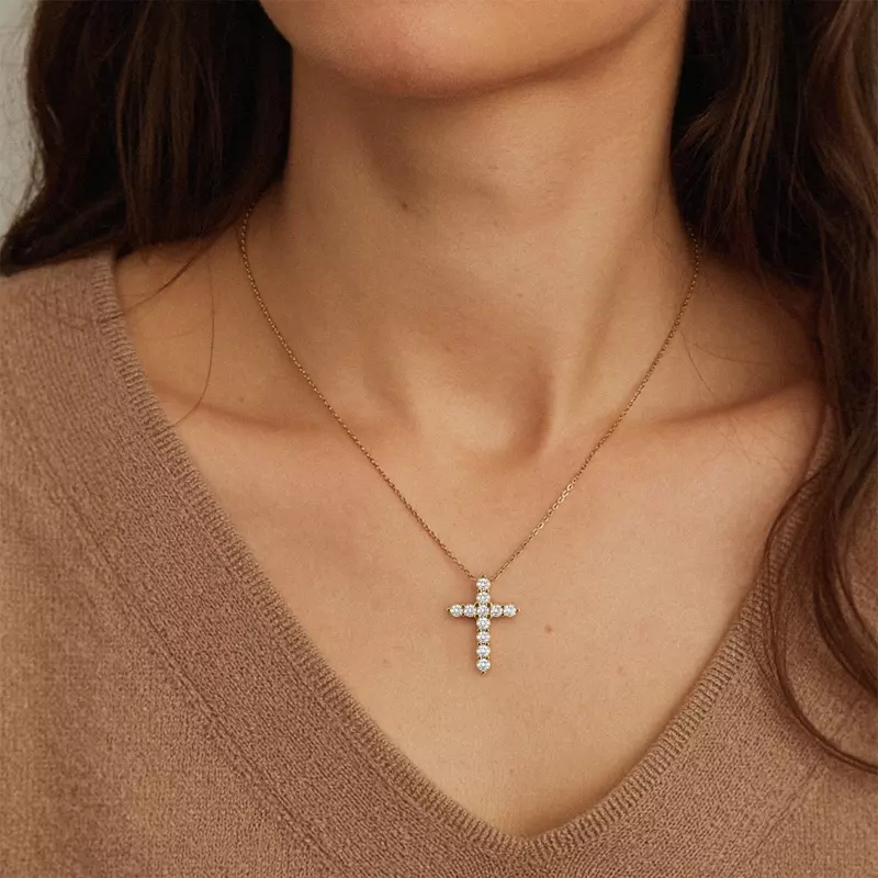 14K White Gold Classic Shared Prong Lab Diamond Cross Necklace (3 ct. tw.)