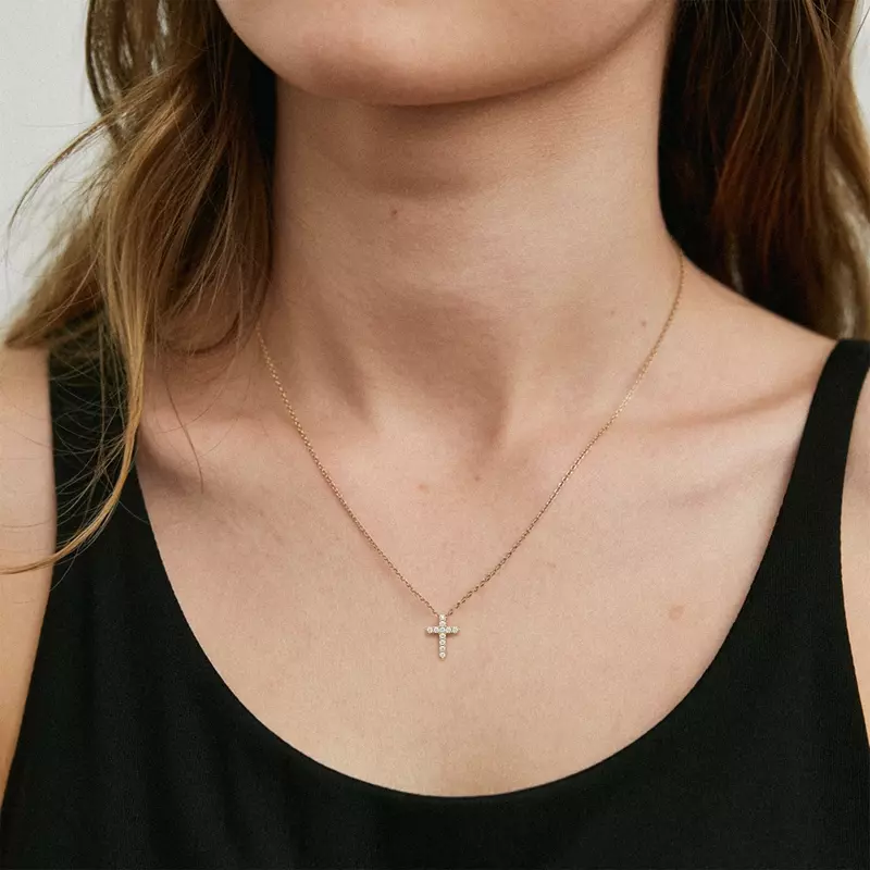 14K Yellow Gold Classic Shared Prong Lab Diamond Cross Necklace (.10 ct. tw.)