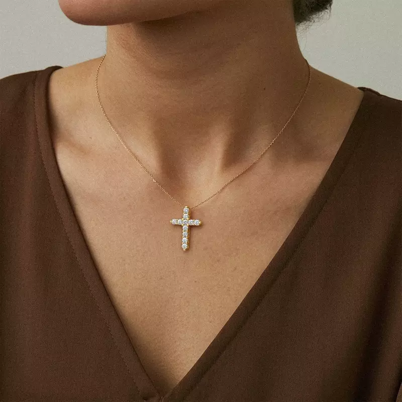 14K Yellow Gold Classic Shared Prong Lab Diamond Cross Necklace (2 ct. tw.)