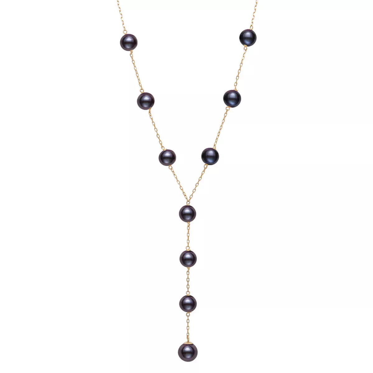 Black Freshwater Pearl Station Y-Drop Necklace (6–9mm) - 14K
