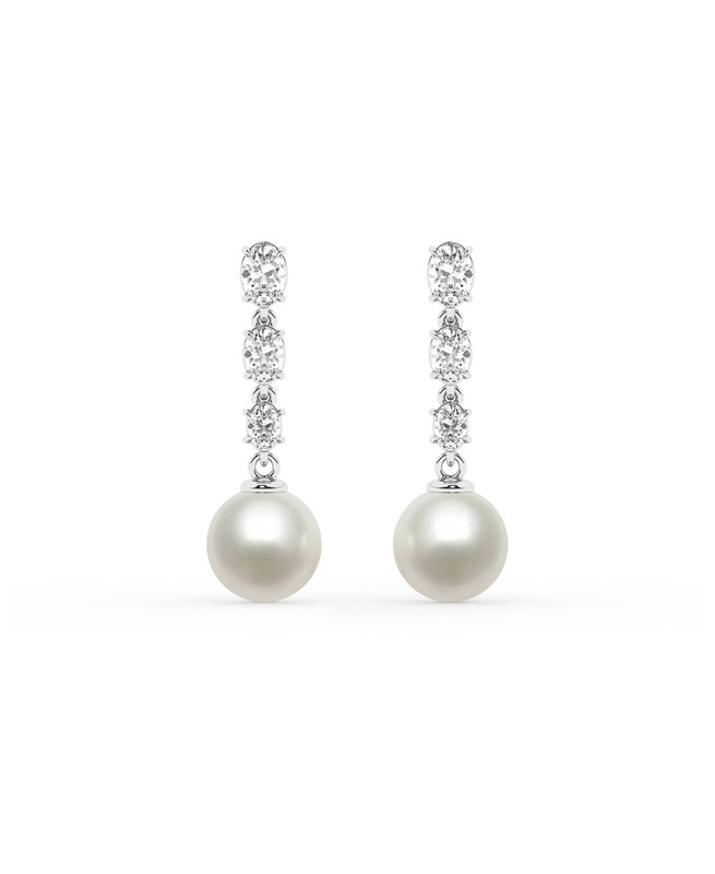 Graduated Oval Lab Diamond & Freshwater Pearl Drop Earrings
