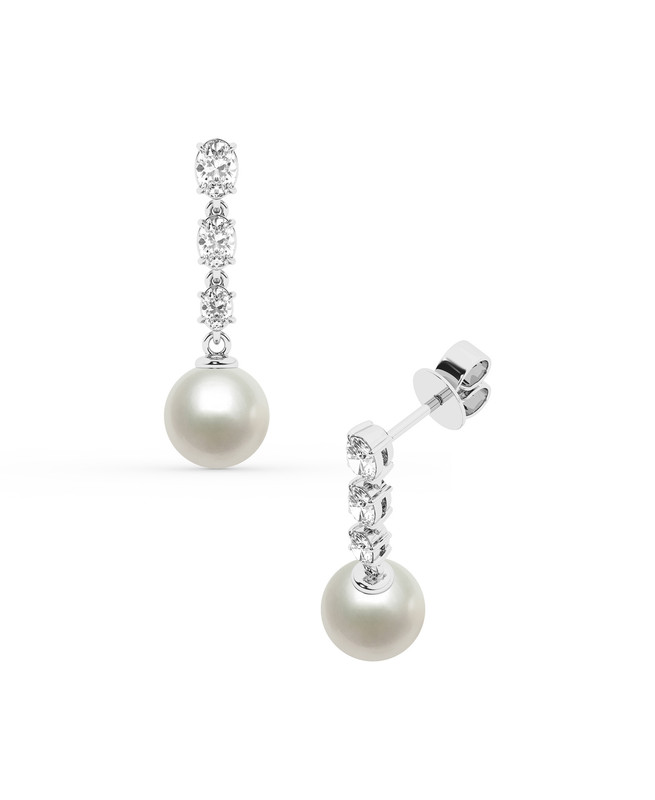 Graduated Oval Lab Diamond & Freshwater Pearl Drop Earrings