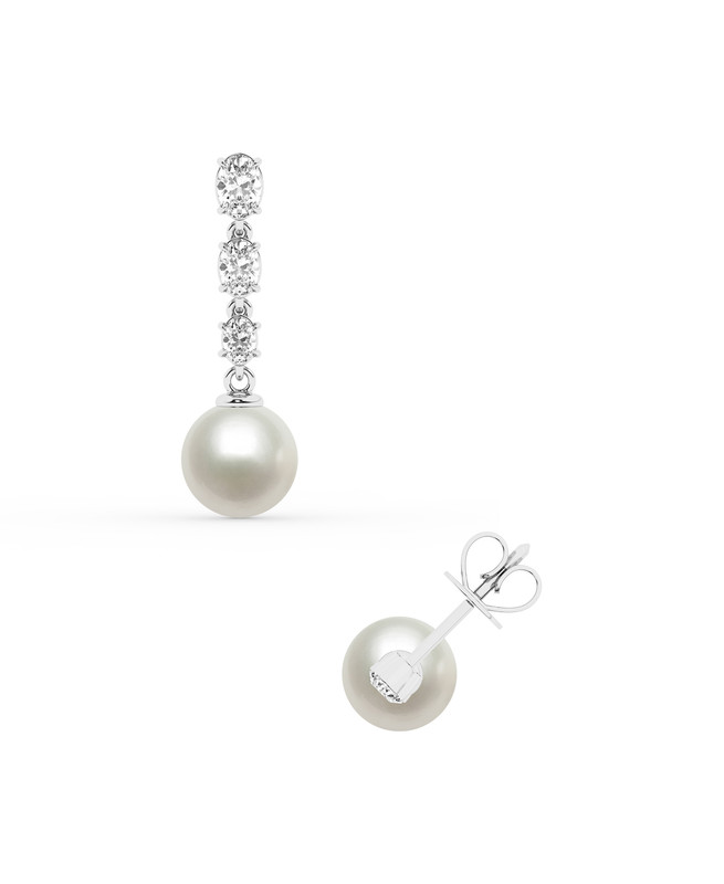 Graduated Oval Lab Diamond & Freshwater Pearl Drop Earrings