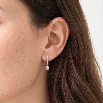 Lab Diamond Huggie & Freshwater Pearl Drop Earrings