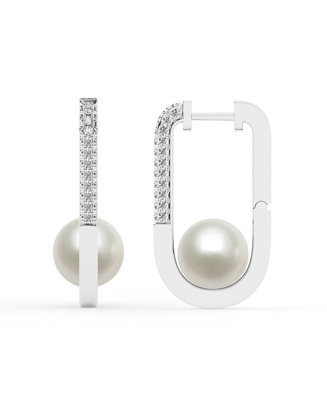 Lab Diamond U-Hoop & Freshwater Pearl Earrings