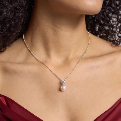 Round Lab Diamond & Freshwater Pearl Necklace (1 ct.)