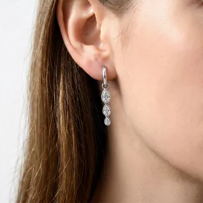 Bezel Triple Dangle Pear Lab Diamond Huggie Earrings