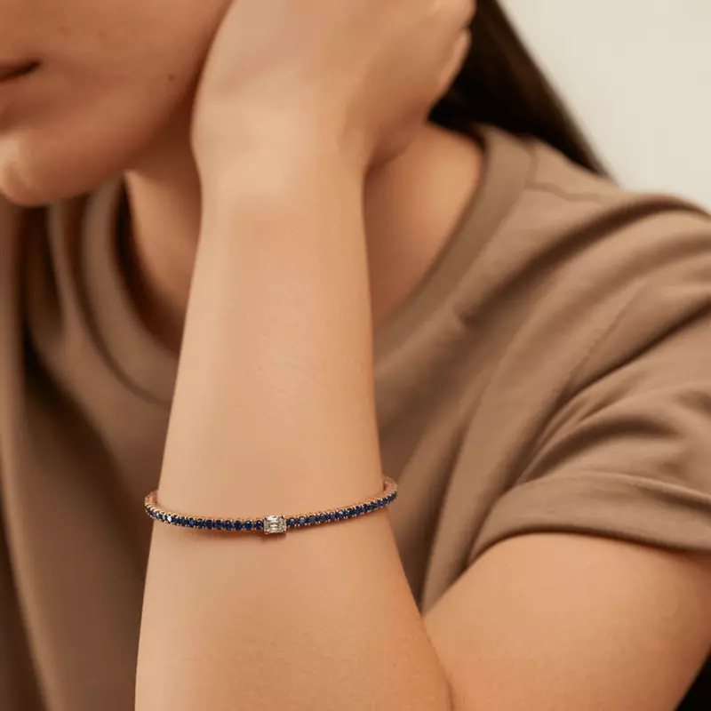 14K Yellow Gold Lunava Sapphire & Round Lab Diamond Tennis Bracelet