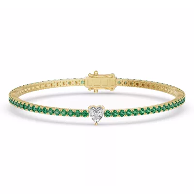 Lunava Green Emerald & Heart Lab Diamond Tennis Bracelet