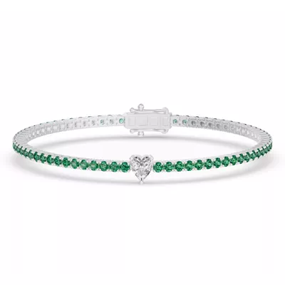 Lunava Green Emerald & Heart Lab Diamond Tennis Bracelet