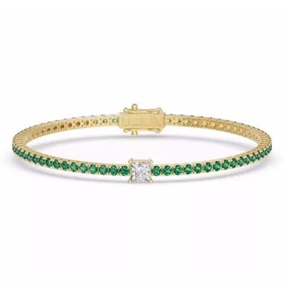 Lunava Green Emerald & Princess Lab Diamond Tennis Bracelet