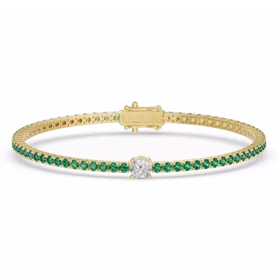 Lunava Green Emerald & Round Lab Diamond Tennis Bracelet