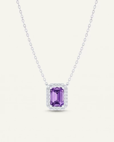 Halo Emerald-Cut Amethyst Silver Necklace