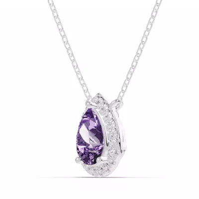 Pear Amethyst Lab Diamond Halo Pendant
