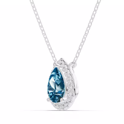 Pear Blue Topaz Lab Diamond Halo Pendant