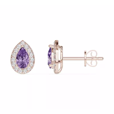 Pear Amethyst Lab Diamond Halo Earrings