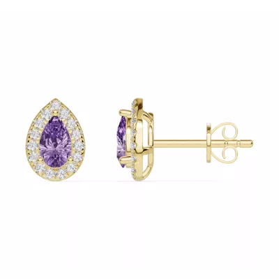 Pear Amethyst Lab Diamond Halo Earrings